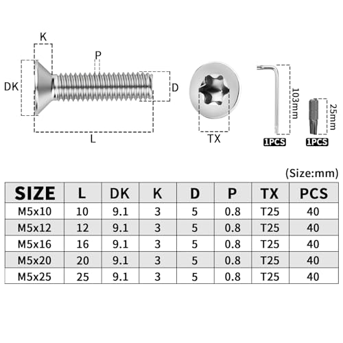 Nuts OT nuts 40 pièces de vis à tête fraisée M5 x 25 mm avec entraînement Torx, vis en acier inoxydable 304 A2 V2A à filetage complet avec clé Torx et tournevis pour bois, machines, équipements – vue 2