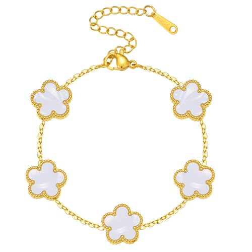 Fimhut Easter Basket Stuffers Unique 14K Gold Four-Leaf Clover Bracelet, Suitable for Ladies,White Lucky Chain Four-Leaf Clover Bracelets,Fashionable Bracelet Set