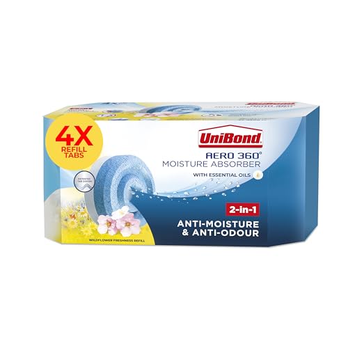 Unibond AERO 360° Moisture Absorber Wildflower Meadow Refill Tab,Aromatherapy,Ultra-Absorbent and Odour-Neutralising,for Dehumidifier,Condensation Absorbers,Four Pack (4x450g),White and Blue