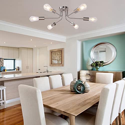 Tuluce Modern Sputnik Chandelier 6 Light Semi Flush Mount Ceiling Lighting Cotemporary Industrial Brushed Nickel Ceiling Fixture For Bedroom, Hallway, Kitchen, Bar #TOP2