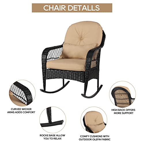 Baijiawei B Outdoor Wicker Rocking Chair All Weather Wicker Rocker Chair With Cushions For Garden Patio Yard Porch Lawn Balcony Backyard (1Pcs-Black Wicker-Khaki) #TOP4