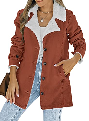 Image of Dokotoo Womens Winter Jean Denim Long Sleeve Open Front Fleece Jacket Stand Collar Button Down Sherpa Fashion Coats for Women 2023 Cardigans Outerwear with Pockets Orange Small