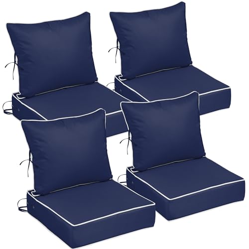 Image of 24x24 Outdoor Chair Cushions Set of 4, Waterproof Deep Seat Cushions for Patio Furniture with Removable Cover, Fade Resistant 4'' Outdoor Seat Cushion w / Ties & Handle for Sofa Loveseat,Navy+Piping