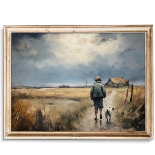 uniro Vintage Fall Landscape Wall Art Boy and Puppy Walking on a Country Lane Retro Autumn Nature Painting Rustic Farmhouse Scenery Prints for Bedroom Bathroom Kitchen Room Decor - 8x10 Unframed