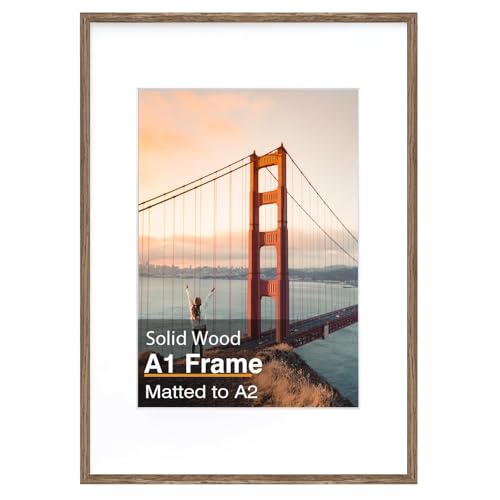 KINLINK A1 Picture Frame, Rustic Brown Solid Wood Frame with Acrylic Plexiglass for Pictures A2 with Mat or A1 without Mat, Wall Mounting Display Photo Frame 1 Pack