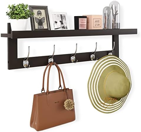 SMIBUY Coat Hooks with Shelf Wall-Mounted, 74 cm Entryway Coat Rack for Wall, Bamboo Hanging Shelf with 5 Double Metal Hooks for Bathroom, Bedroom, Kitchen, Living Room, Mudroom (Dark Brown)