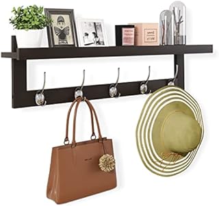 SMIBUY Coat Hooks with Shelf Wall-Mounted, 74 cm Entryway Coat Rack for Wall, Bamboo Hanging Shelf with 5 Double Metal Hooks for Bathroom, Bedroom, Kitchen, Living Room, Mudroom (Dark Brown)