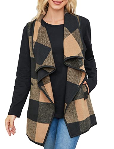 Yacun Women Plaid Vest Lapel Open Front Sleeveless Cardigan Jacket Outerwear With Pockets Coffeeblack S #TOP2
