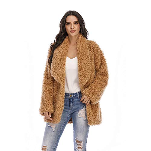 Women's Fuzzy Fleece Jacket Lapel Open Front Long Jackets Faux Fur Sherpa Cardigan Coat With Pocket (Khaki,S) #TOP6