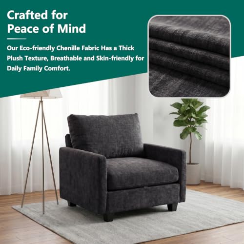 Image of Singel Seat Modern Couches for Living Room, 38 inch Single Sofa with Storage | High Resilience Foam, 22 inch Seat Depth, Movable Ottoman, Comfy Chenille, Easy Assembly, Black