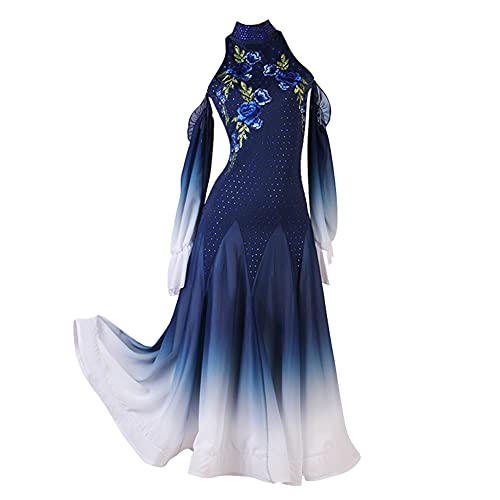 NAKOKOU Chiffon Ballroom Competition Dress Modern Waltz Tango Standard Dance Dress Navy Blue(Navy Blue,L)