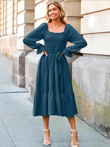 Image of Simplee Womens Long Sleeve Maxi Dress Casual Square Neck Smocked Flowy Fall Wedding Guest Dresses