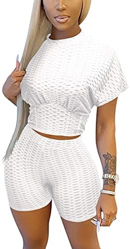 Two Piece Outfits for Women, Short Sleeve Tummy Control Crop Top and Bodycon High Waist Pant Workout Sets, Casual Tracksuit Sexy Clubwear (White, M, m)
