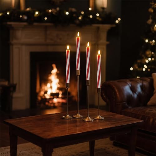 Image of Christmas Flameless Taper Candles Flickering Battery Operated with Remote Timer, 2 Pack Real Wax 3D Wick LED Taper Candles Candy Cane Decals Holiday Indoor Dinner Decor(0.76 inch D x 9.65 inch H)