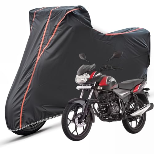 Image of Two Wheelers Bike Body Cover Compatible for Bajaj Discover 125, UV Resistant, Dustproof, Triple Stitched, Elastic Bottom, Red Piping Motorcycle Cover (Black, Pack of 1)
