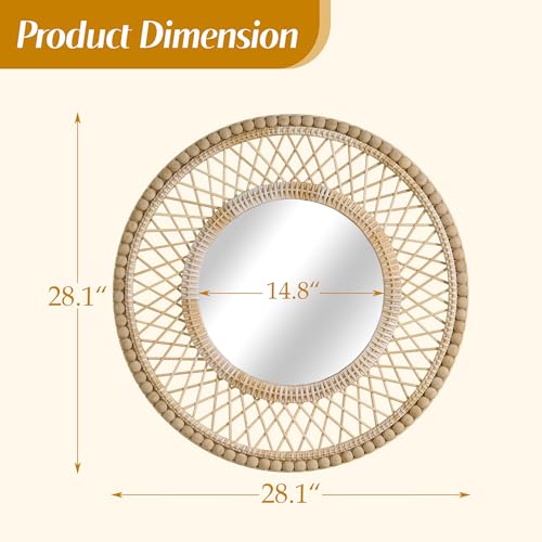 Image of Round Beaded Rattan Wall Mirror - 28x28 Inch Boho Elegance with Woven Frame and Wooden Bead Trim, Decorative Mirror for Bathroom Vanity Entryway Living Room