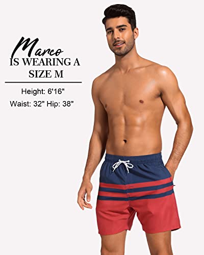 Silkworld Mens Swimming Trunks With Compression Liner Quick Dry Swimsuit Summer Beach Shorts With Zipper Pockets For Travel Holiday,Navy&Red Stripes,Medium #TOP4