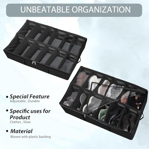 Image of SHIBUI Under Bed Shoe Organizer with Zipper-Dustproof & Space-Saving Storage for Sneakers, Heels & Boots, Adjustable Compartments, 24.5 x 29 x 5.5 Inch. (Polyster Black, Pack of 1)