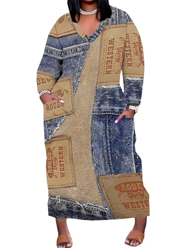 Image of SUZONANA Plus Size Denim Print Maxi Dresses for Women Casual V Neck Short Sleeve with Pockets Soft Jean Look Dress XL-6XL