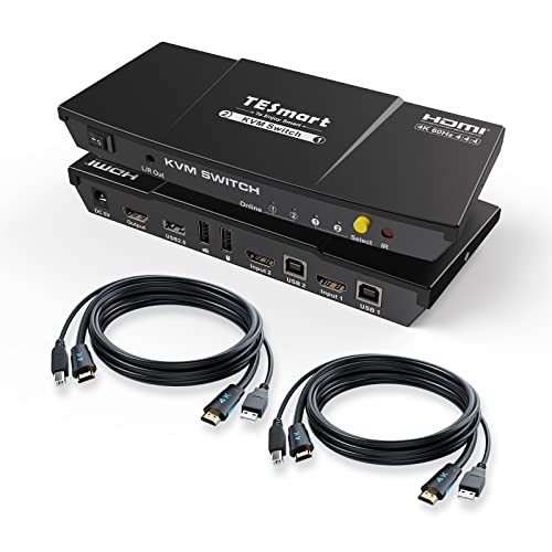 TESmart HDMI KVM Switch, 2 PC 1 Monitore Switch 4K 60Hz mit Kabel×2, EDID Emulator, Audio Extractor, USB 2.0 für Tastatur Maus Scanner Drucker, 2 in 1 Out KVM Umschalter, Hotkey und Button Switcher