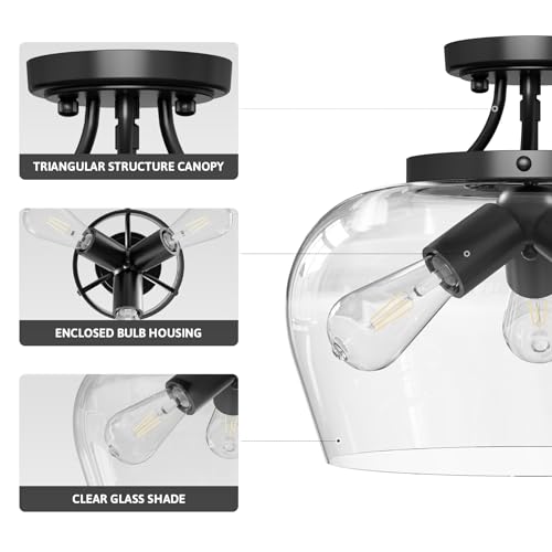 VONLUCE Semi Flush Mount Ceiling Light, 13.8" Ceiling Light Fixture with Clear Glass Shade, E26 Base, 3-Bulb Industrial Lighting Fixture for Hallway Entryway Bedroom, Matte Black, ETL Certificated by VONLUCE - Image 3
