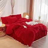 HAIHUA Red Fluffy Twin Comforter Cover Set - Faux Fur Girls Bedding, 1 Piece Plush Duvet Cover