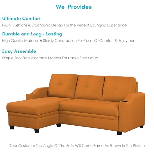 Image of Casaliving Ravonna LHS 4 Seater L Shape Corner Sofa Cum Bed for Living Room (Orange Fabric) Premium Fabric Sofa