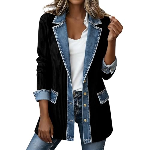 Womens Denim Patchwork Collared Shirt Jacket Loose Button Down Casual Long Sleeve Denim Cardigan Jackets Jean Shacket