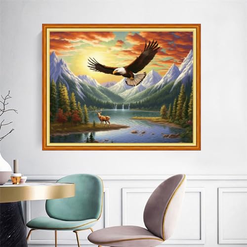 Image of Joyhoor Cross Stitch Kits for Beginners Stamped Cross-Stitch Supplies Needlework preprint Embroidery Kits for Adults DIY Needlepoint Kits Embroidery Patterns 11CT-Eagle Hunting 16x20 inchs