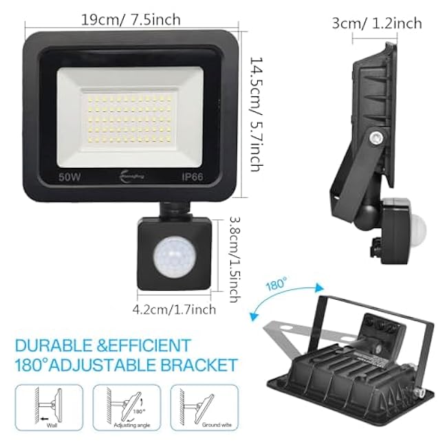 HANNANHONG LED Motion Sensor Flood Light, Slim Design, Plug in,1.5m Cable, IP66 Waterproof (50W)