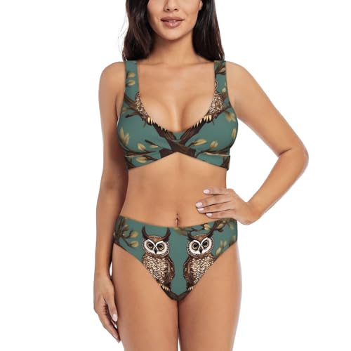Maillot de bain 2 pièces femme imprimé branches d'arbre et hiboux gainant