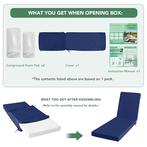 Summsun Chaise Lounge Cushions Outdoor Set of 4 - Waterproof and Fade Resistant Sun Lounger Replacement Cushions - Patio Lounger Pads with Removable Cover for Pool, Deck, 72 x 21 x 3 Inch, Navy by Summsun - Used condition - Image 7