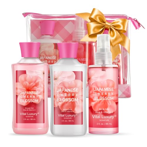 Bath and Body Gift Set, Japanese Cherry Blossom, 3PC Travel Size Spa Kit