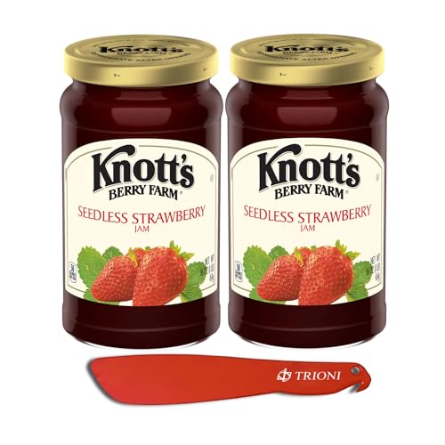 Knotts Berry Farm Strawberry Jam Seedless Bundle Contains of Two (2) 16 oz Jar. A Knotts Berry Farm Jelly, a Strawberry Spread With Our TRIONI Multi Purpose Sandwich Spreader!