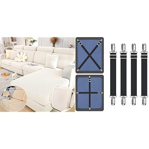 Magic Sofa Covers Magic Sofa Couch Covers(Texture-White,Large Single Seat Cover) + 4Pcs Black Magic Sofa Covers Holder Straps Cover