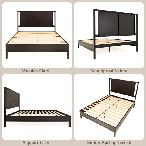 Image of Bme Ethan Queen Bed Frame with Diamond Headboard, Mid-Century Modern, Solid Acacia Wood, No Box Spring Needed, Fits All Mattresses, Rustic Black