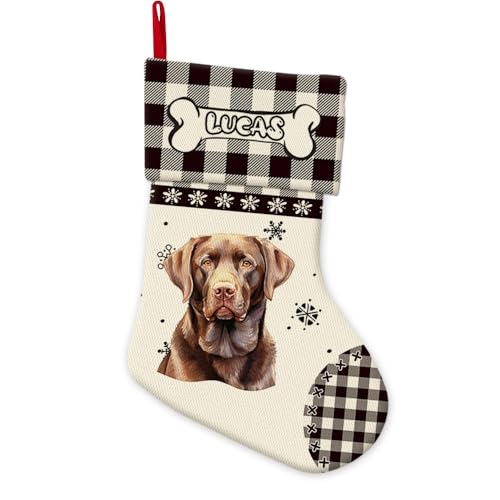GABSHAIM Chocolate Labrador Snowflake Christmas Stockings Black White Buffalo Check Plaid Dog Xmas Stockings Custom Hanging Stocking for Family Christmas Party Decor 14 Inch Linen