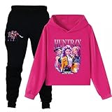 Girls 2 Piece Kpop Outfits Casual Cartoon Graphic Long Sleeve Hoodies and Sweatpants Tracksuit Fashion Clothing Sets Hot Pink