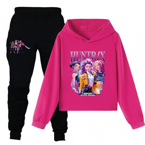 Girls 2 Piece Kpop Outfits Casual Cartoon Graphic Long Sleeve Hoodies and Sweatpants Tracksuit Fashion Clothing Sets Hot Pink