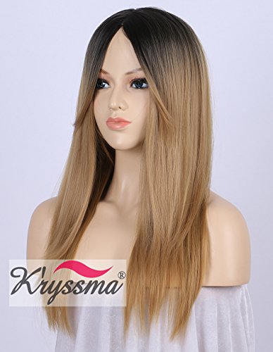 K’ryssma Fashion Ombre Blonde Synthetic Wigs for Women 2 Tone Color Dark Roots Middle Part Long Natural Looking Straight Heat Resistant blonde wig