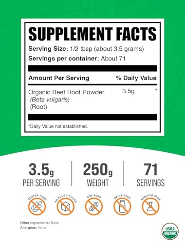 Image of BulkSupplements.com Organic Beet Root Powder - Superfood Supplement, Beet Root Supplements - Vegan & Gluten Free, 3.5g per Serving, 250g (8.8 oz) (Pack of 1)