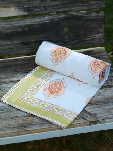 Image of Madhurika Queen Size Quilt | Hand Block Floral Printed | Muslin Dohar - 100% Cotton | 3-Layer Lightweight Reversible Blanket - Soft, Breathable, Travel-Friendly Throw for Home & Bedroom (Peach)