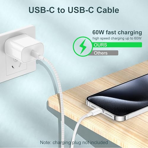 Image of Usb Type C to Type C Cable Fast Charging Nylon Braided C Pin Charger Cable Original for iPhone 15 /15 Pro max /15 Plus, Samsung Galaxy, iPad, MacBook Tough and Durable 60W PD & High-Speed White