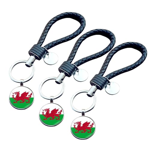 ZENRUIMING - ZENRUIMING Schlüsselanhänger mit Wales-Flagge, handgefertigt, gewebtes Leder, Wales Fußball-Fans, Souvenir, Rucksack, Geldbörse, Autozubehör, 3 Stück, Wales-Flagge, Einheitsgröße