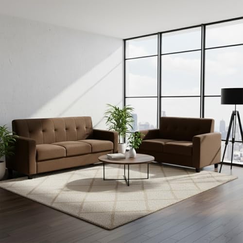 Image of FURNY Homeoy 5 Seater Fabric 3+2 Sofa Set (Dark Brown) Premium Velvet Finish | Durable Comfort | Ideal for Living Room