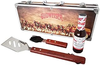 Budweiser Wooden Grill Kit with Clydesdales Carrying Case: 4-Piece BBQ Gift Set –