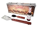 Budweiser Wooden Grill Kit with Clydesdales Carrying Case: 4-Piece BBQ Gift Set – Premium Barbecue...
