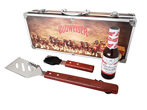 Budweiser Wooden Grill Kit with Clydesdales Carrying Case: 4-Piece BBQ Gift Set –