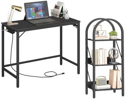 HOOBRO Computer Desk and Bookshelf Bundle, Desk with 3 Hooks, Book Shelf Storage Organizer for Living Room, Office, Bedroom, BB40UDN01-BB423SJ01 image 5