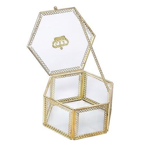 LONGSHENG - SINCE 2001 - Vintage Glass Jewelry Organizer Box Golden Metal Crown Hexagon Keepsake Box Desktop Jewelry Organizer Holder Wedding Birthday Gift Vanity Decorative Box for Wedding by LONGSHENG - SINCE 2001 - - Used condition - US$13.29